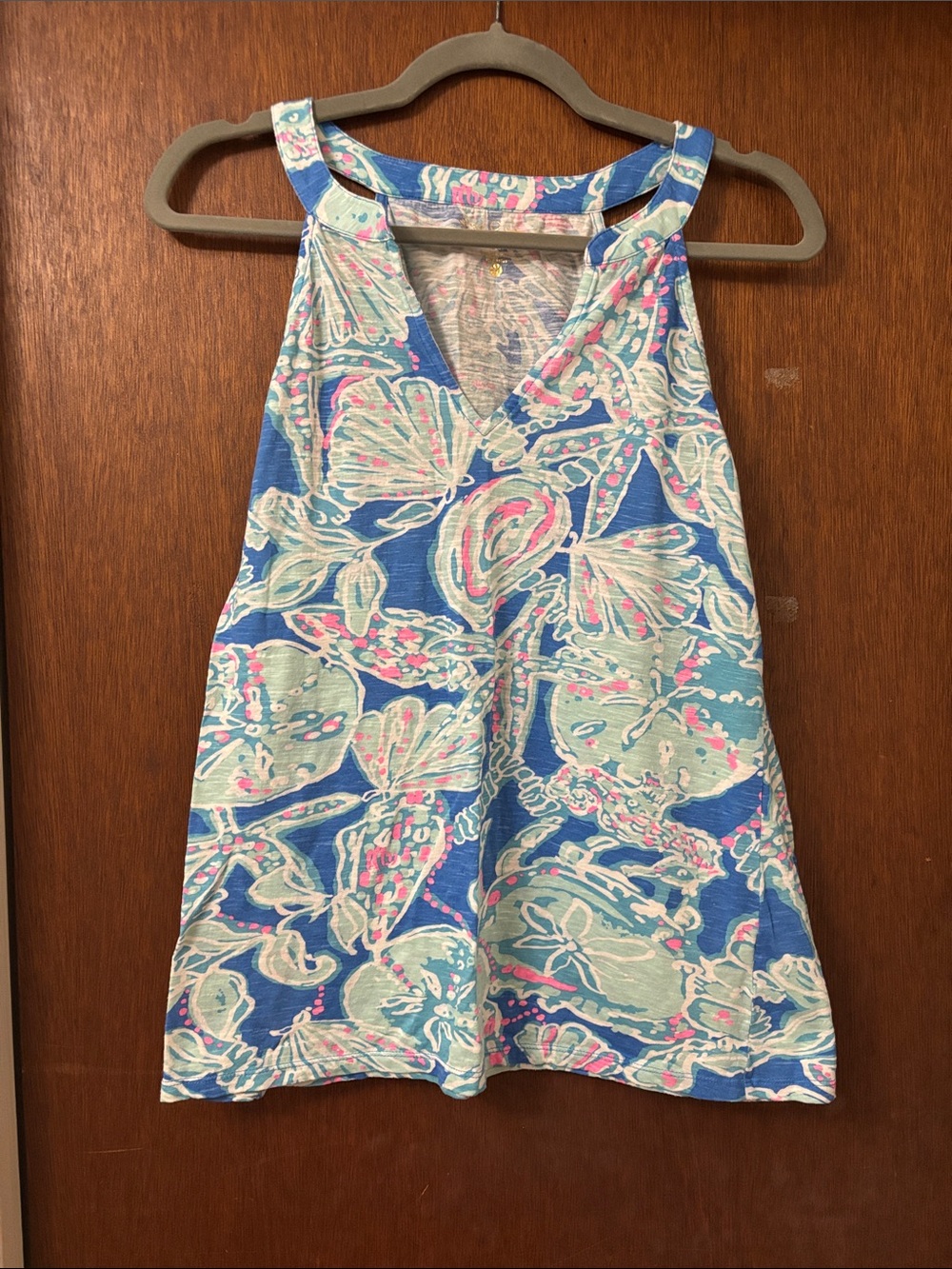 Lilly Pulitzer Blue Floral V-Neck Tank with Mint & Pink Accents